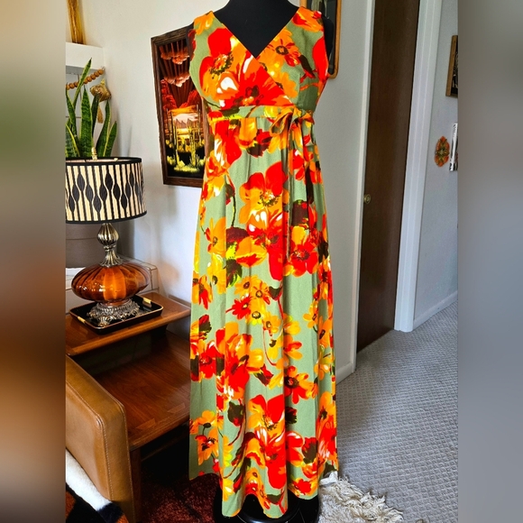 60s 70s Hawaiian Aloha Hale Kini Chez Jeanne Maxi Dress - Picture 1 of 5